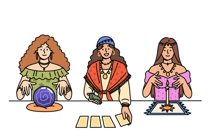 Female Fortune Tellers Use Tarot Cards And Oracle Crystal Ball To Predict Future Or Contact Occult Forces Three Fortune Tellers Demonstrate Different Methods Of Looking Into Hereafter Illustration