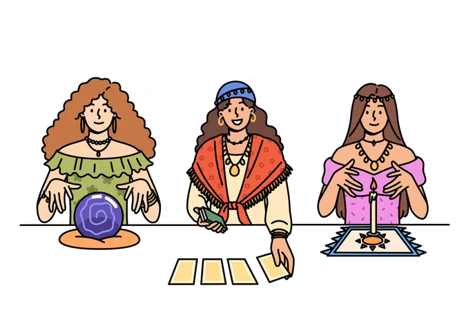 Female fortune tellers use tarot cards and oracle crystal ball to predict future  Illustration