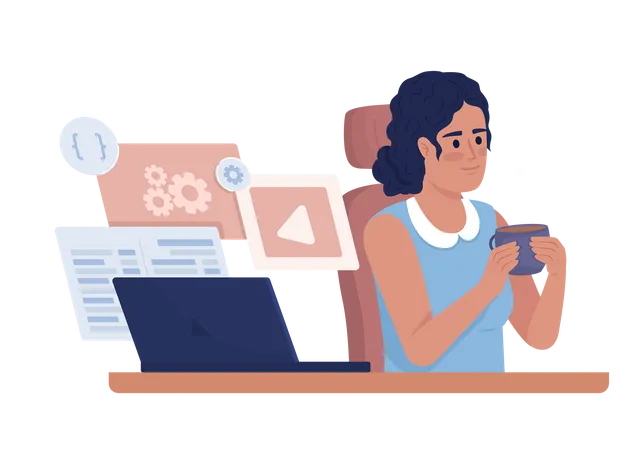Female freelance developer drinking coffee  Illustration