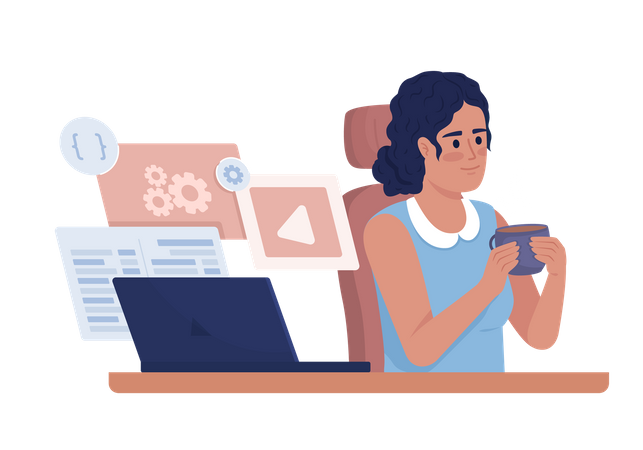 Female freelance developer drinking coffee  Illustration