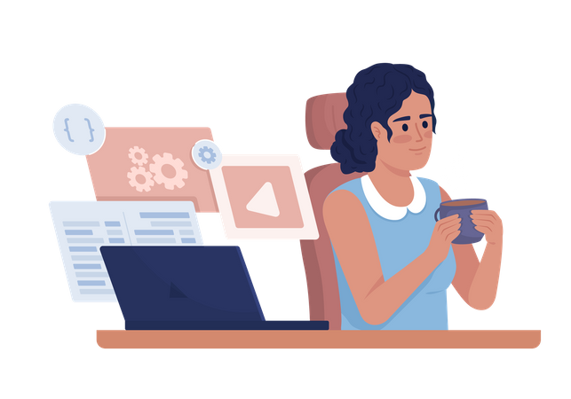 Female freelance developer drinking coffee  Illustration