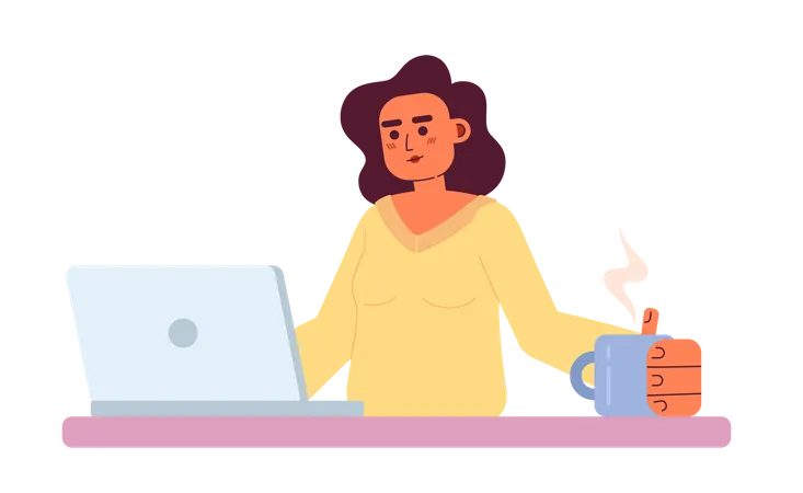 Female freelance programmer with laptop and cup  Illustration