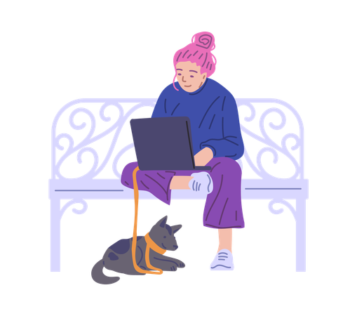 Female freelance with laptop working in park  Illustration