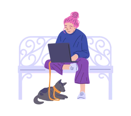 Female freelance with laptop working in park  Illustration