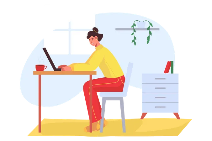 Freelance Worker Concept In Flat Design Happy Woman Working On Laptop While Sitting At Table At Home Freelancer Performs Tasks And Communicates Online Vector Illustration With People Scene For Web Illustration