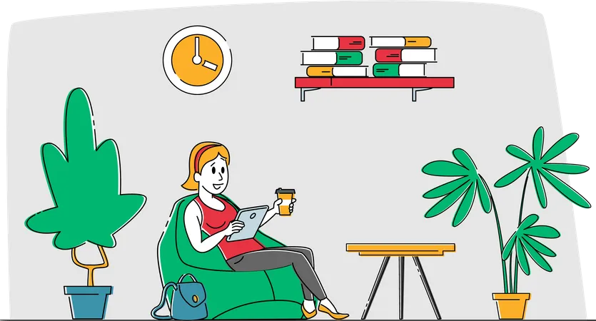 Remote Freelance Work Concept Woman Freelancer Sitting In Comfortable Beanbag Armchair With Coffee Cup Working Distant On Tablet Creative Employee Character Work At Home Linear Vector Illustration Illustration