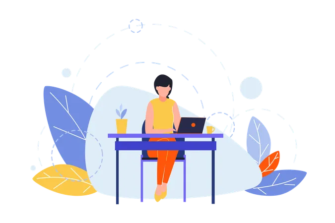 Female freelancer at table with laptop  Illustration