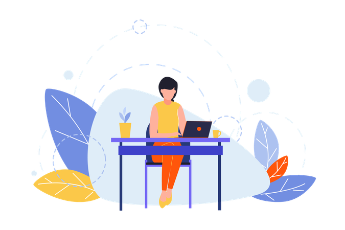 Female freelancer at table with laptop  Illustration