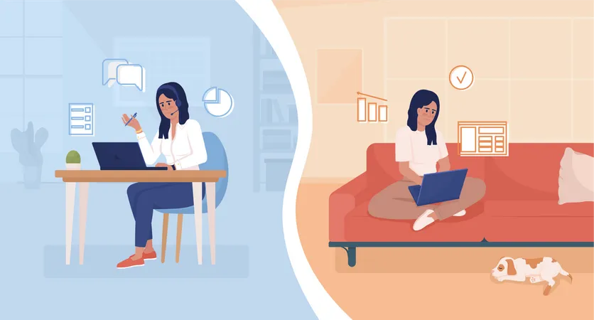 Female freelancer choose workspace between home or office  Illustration