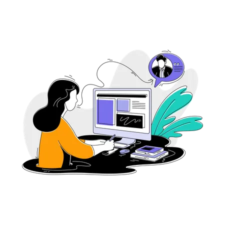 Female freelancer communicating online with colleague Illustration