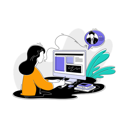 Female freelancer communicating online with colleague  Illustration