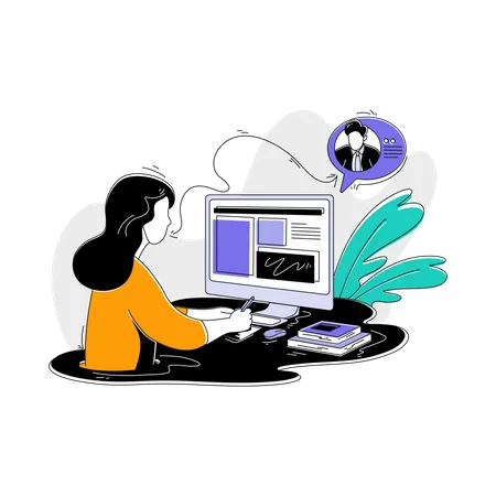 Female freelancer communicating online with colleague  Illustration