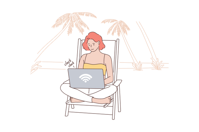 Female freelancer employee working on beach  Illustration