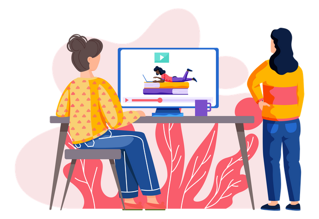 Female freelancer learning online at home  Illustration