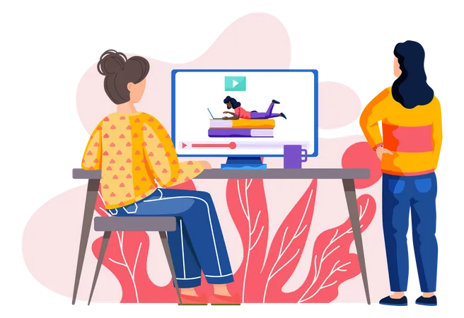 Female freelancer learning online at home  Illustration