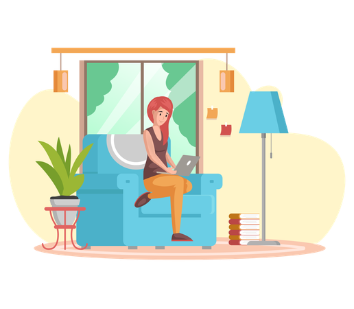 Female freelancer sitting at home to complete office work  Illustration