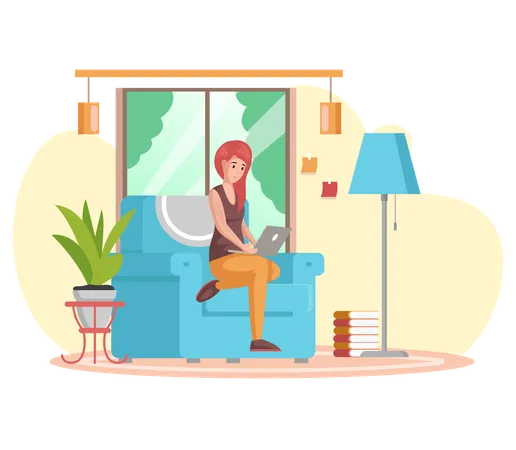 Female freelancer sitting at home to complete office work  Illustration