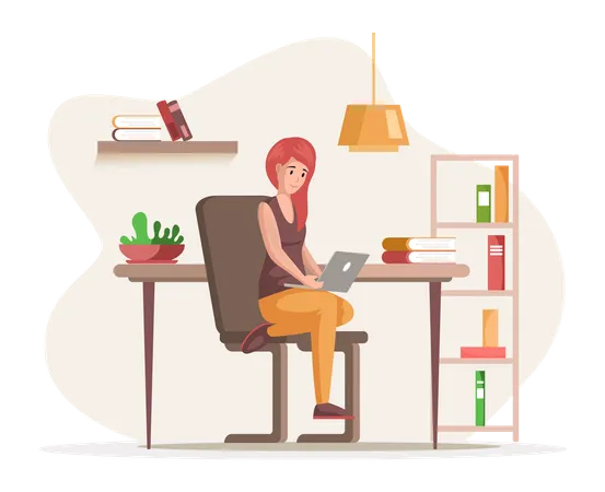 Female freelancer sitting at home working with laptop Illustration