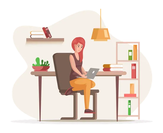 Female freelancer sitting at home working with laptop  Illustration