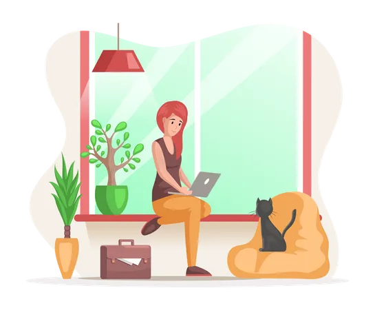 Female freelancer sitting at home working with laptop  Illustration