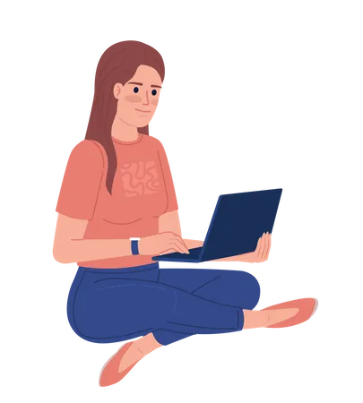 Female Freelancer Sitting With Laptop Semi Flat Color Vector Character Editable Figure Full Body Person On White Simple Cartoon Style Spot Illustration For Web Graphic Design And Animation Illustration
