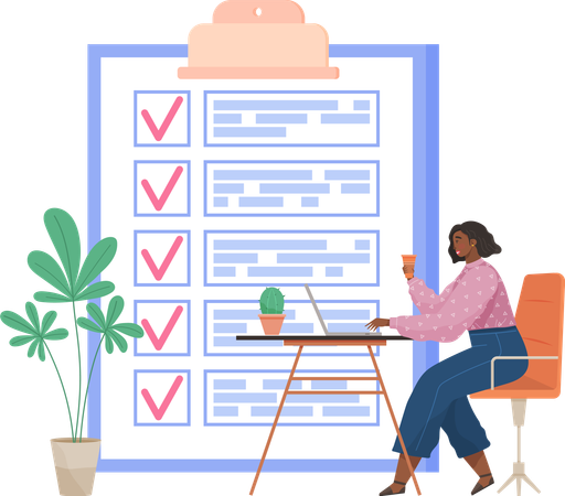 Female freelancer sitting with laptop near big clipboard with check marks  イラスト