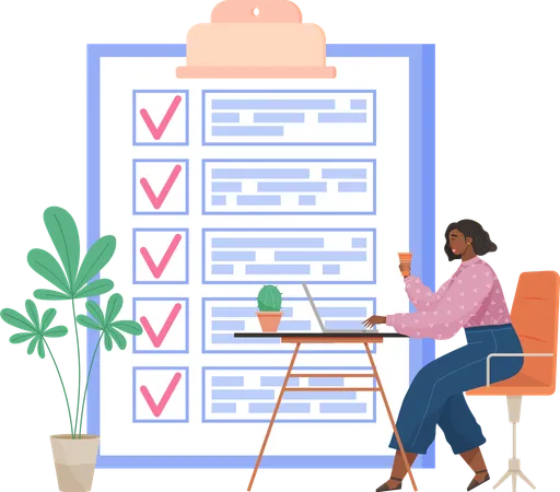 Female freelancer sitting with laptop near big clipboard with check marks  イラスト
