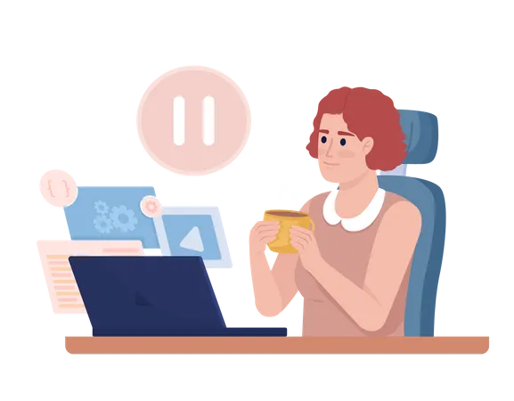 Female Freelancer Taking Time Off Semi Flat Color Vector Character Regular Break Editable Figure Full Body Person On White Simple Cartoon Style Illustration For Web Graphic Design And Animation Illustration