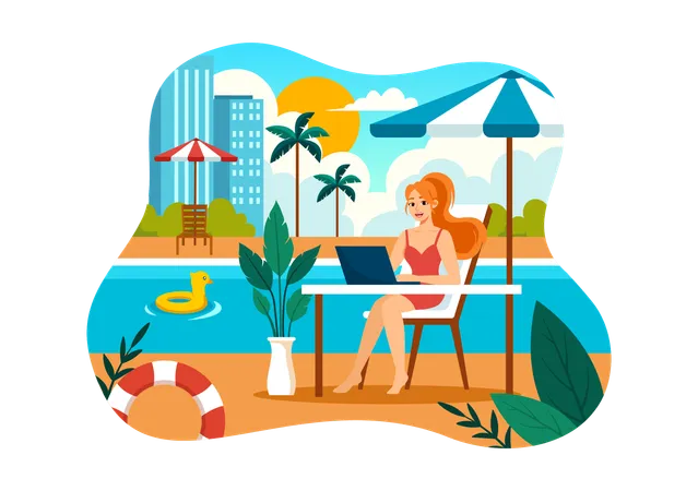 Female Freelancer Using Laptop near Swimming Pool  Illustration