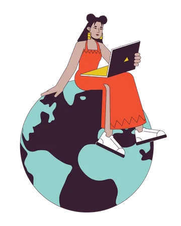 Hispanic Woman Sitting On Planet Flat Line Concept Vector Spot Illustration Remote Work Freelancer 2 D Cartoon Outline Character On White For Web UI Design Editable Isolated Color Hero Image Illustration