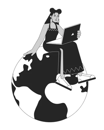 Hispanic Woman Sitting On Planet Bw Concept Vector Spot Illustration Remote Work Freelancer 2 D Cartoon Flat Line Monochromatic Character For Web UI Design Editable Isolated Outline Hero Image Illustration