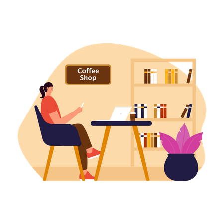 Female freelancer working at coffee shop  Illustration