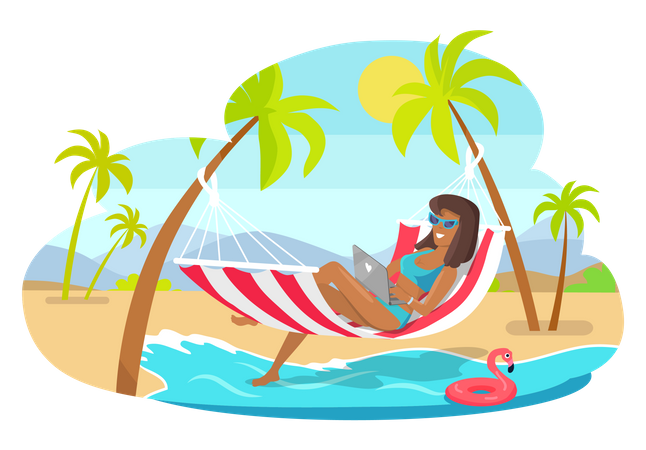 Female freelancer working from beach  Illustration