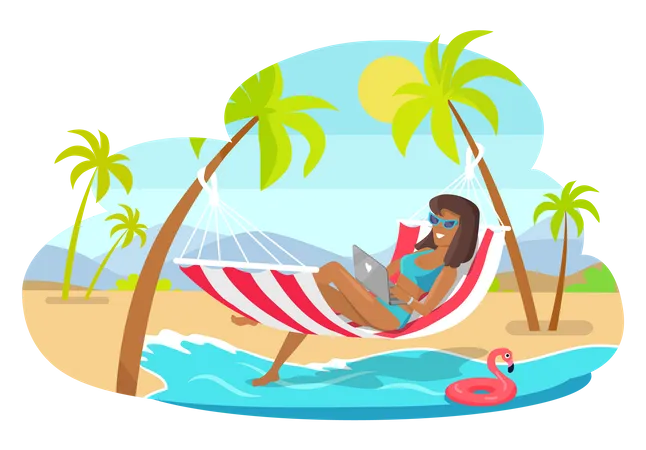 Female freelancer working from beach  Illustration