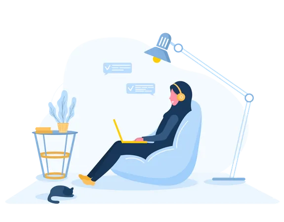 Womens Freelance Arabian Girl In Hijab With Laptop Sitting On A Chair Bag Concept Illustration For Working Studying Education Work From Home Healthy Lifestyle Vector Illustration In Flat Style Illustration