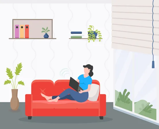 Casual Person Using Laptop On Sofa Flat Illustration Of Work From Home Illustration