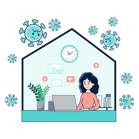 Female freelancer working from home to stop virus infection Illustration