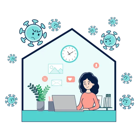 Female freelancer working from home to stop virus infection  Illustration