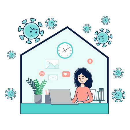 Female freelancer working from home to stop virus infection  Illustration