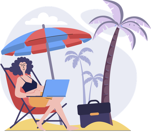 Female freelancer working from the beach  Illustration