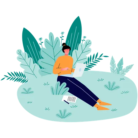 Relaxed Freelancer Girl Sitting On On The Open Space Working For Office In Laptop With Good Natural Places Writing Some Notes Remote Work Flat Vector Flat Illustration Illustration