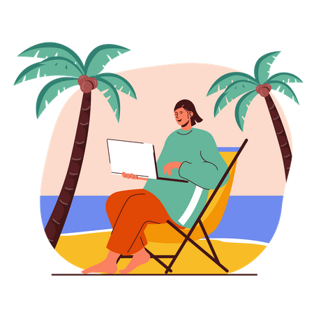 Female Freelancer working on beach  イラスト