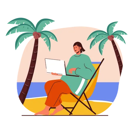 Female Freelancer working on beach  Illustration