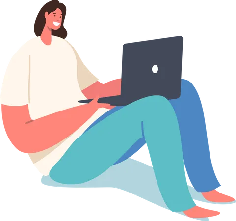 Relaxed Business Woman Student Or Freelancer Working On Laptop Sit On Floor Thinking Of Tasks Freelance Outsourced Employee Occupation Working Activity Online Services Cartoon Vector Illustration Illustration