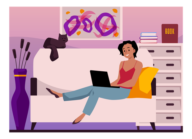 Female freelancer working on laptop at home on sofa  Illustration