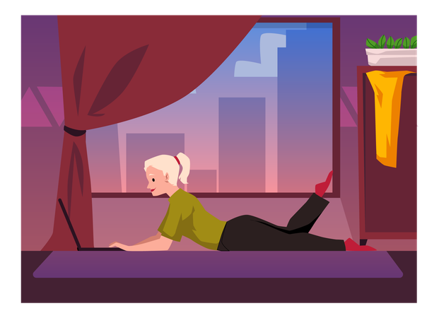 Female freelancer working on laptop in bed  Illustration
