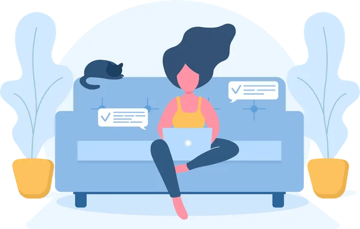 Womens Freelance Girl With Laptop Sitting On The Sofa Concept Illustration For Working Studying Education From Home Healthy Lifestyle Vector Illustration In Flat Style Illustration