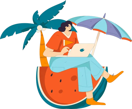 Female freelancer working on vacation  Illustration