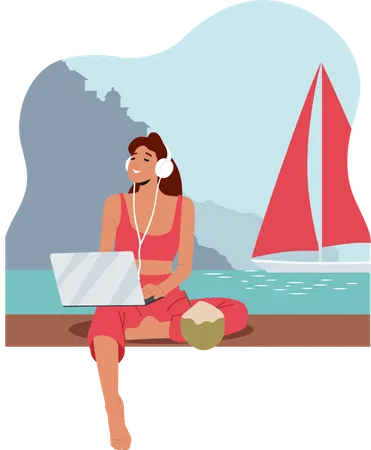 Female Freelancer working on vacation Illustration
