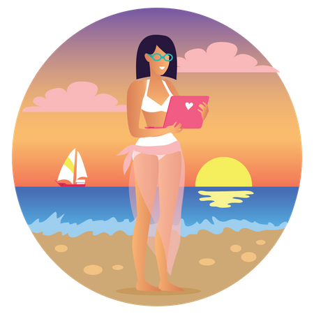 Female freelancer working on vacation  Illustration